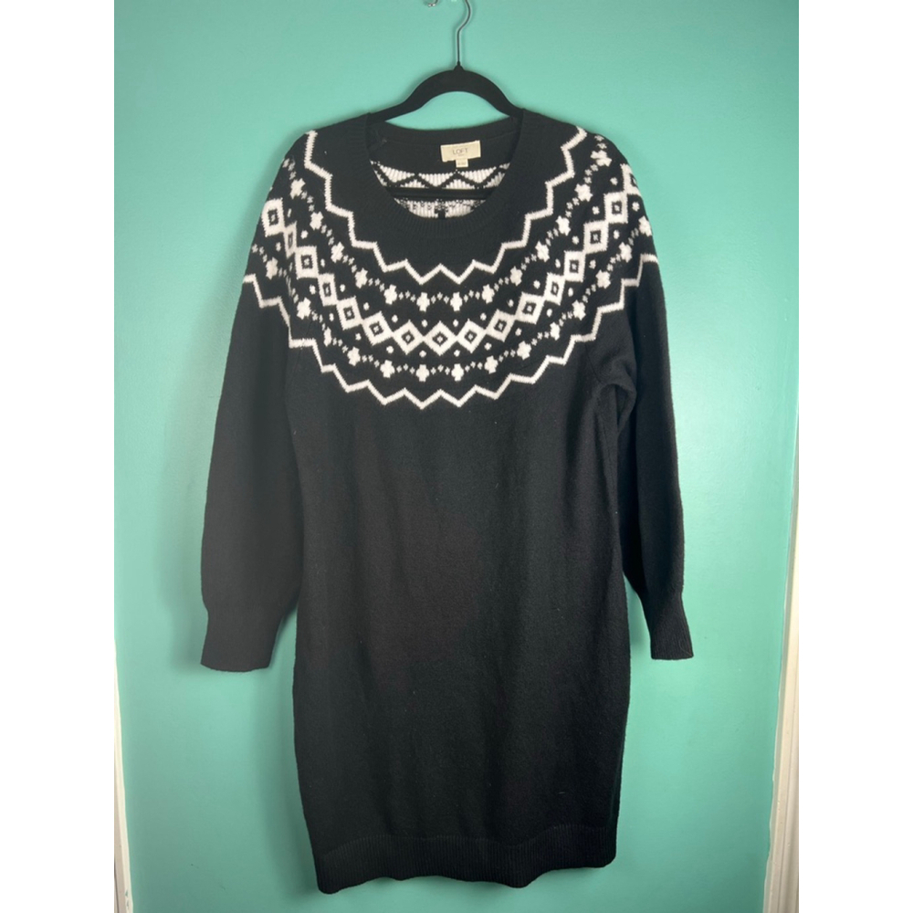 Women's LOFT Outlet Black White Fair Isle Long Sleeve Sweater Dress XL